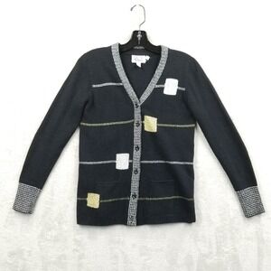 Vintage Cardigan Women 11/12 (Small) Black Angora Wool Metallic Pockets‎ Sweater
